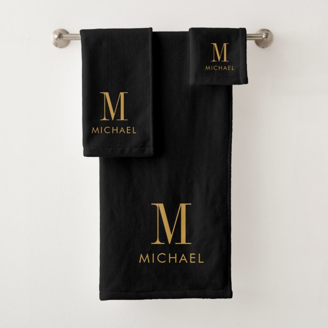 Elegant Monogram Gold Script Name Black Bath Towel Set (Insitu)