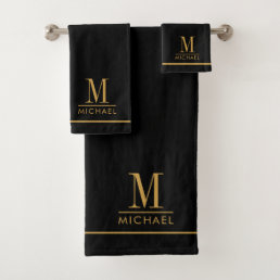 Elegant Monogram Gold Script Name Black Bath Towel Set