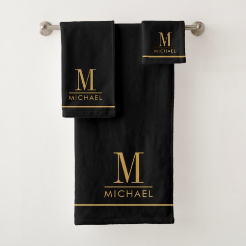 Elegant Monogram Gold Script Name Black Bath Towel Set