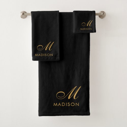 Elegant Monogram Gold Script Name Black Bath Towel Set