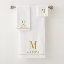 Elegant Monogram Gold Script Name White Bath Towel Set