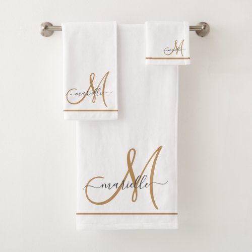 Elegant Monogram Gold Script Name White  Bath Towel Set