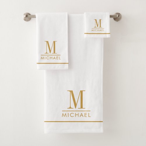 Elegant Monogram Gold Script Name White Bath Towel Set