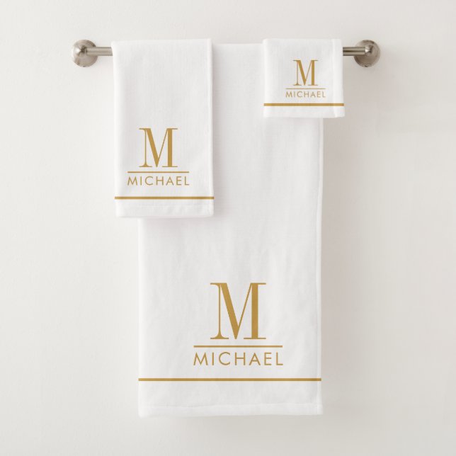 Elegant Monogram Gold Script Name White Bath Towel Set (Insitu)
