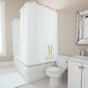 Elegant Monogram Gold Script Name White Shower Curtain