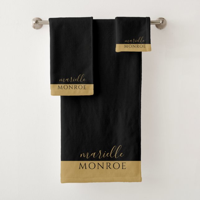 Elegant Monogram Gold Script Serif Black Bath Towel Set (Insitu)