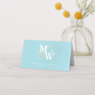 Elegant Monogram Gold Sea Glass Teal White Wedding Place Card