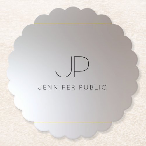 Elegant Monogram Gold Silver Scalloped Round Paper Coaster