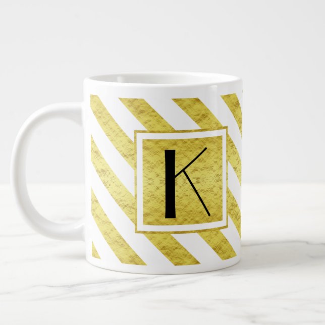 Elegant Monogram Gold Stripes Giant Coffee Mug (Left)