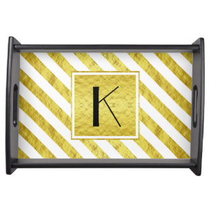Elegant Monogram Gold Stripes Serving Tray
