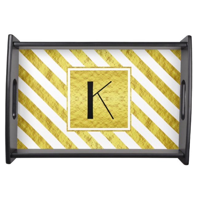 Elegant Monogram Gold Stripes Serving Tray (Front)