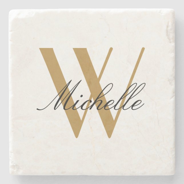 Elegant Monogram Gold Stylish Name Script Stone Coaster (Front)