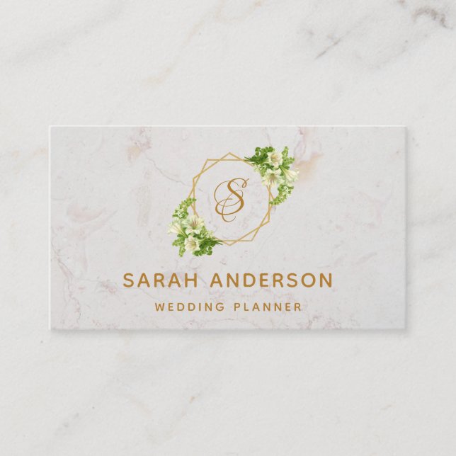 Elegant Monogram Gold White Lilies Marble Business Card (Front)