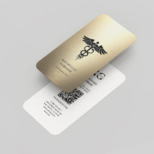 Elegant Monogram Gold White Medical Caduceus Business Card