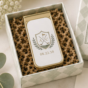 Elegant Monogram Golf Crest Gold Finish Money Clip