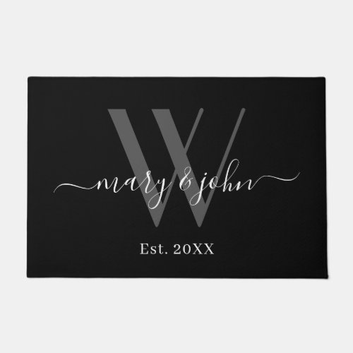 Elegant Monogram Gray Black Names Script Wedding Doormat