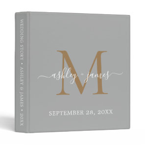 Elegant Monogram Gray & Gold Script Wedding Album 3 Ring Binder