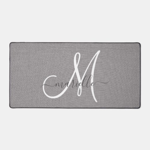 Elegant Monogram Gray White Script Faux Linen Desk Mat