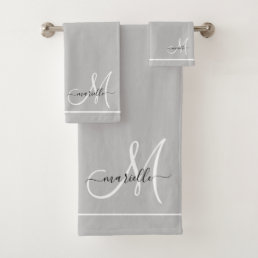 Elegant Monogram Gray White Script Name Bath Towel Set
