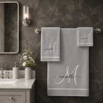 Elegant Monogram Gray White Script Name Bath Towel Set
