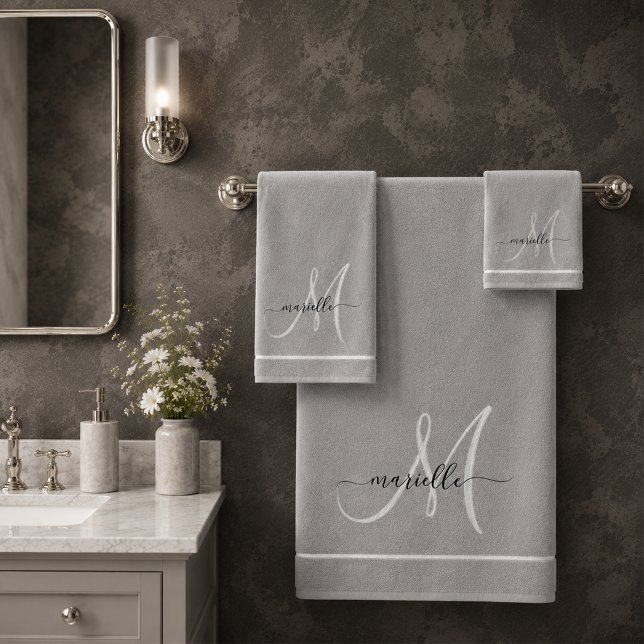 Elegant Monogram Gray White Script Name Bath Towel Set (Creator Uploaded)