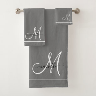 Elegant Monogram Gray White Script Name Bath Towel Set