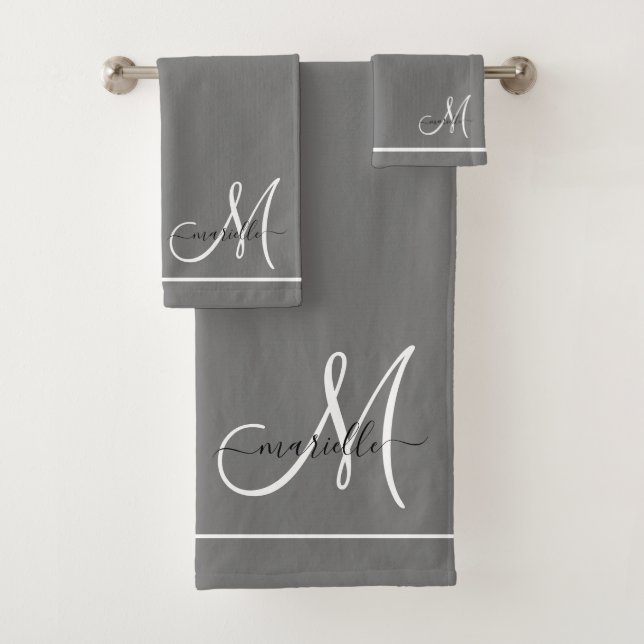 Elegant Monogram Gray White Script Name Bath Towel Set (Insitu)