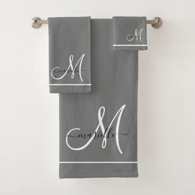 Elegant Monogram Gray White Script Name Bath Towel Set Zazzle