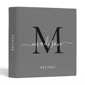 Elegant Monogram Gray White Script Name Recipe 3 Ring Binder