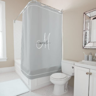 Elegant Monogram Gray White Script Name Shower Curtain