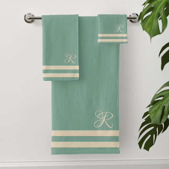 Elegant Monogram Green and Cream Striped Edge Bath Towel Set Zazzle