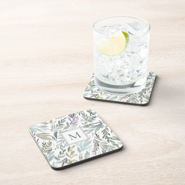 Elegant Monogram Green Blue Botanical Watercolor Beverage Coaster (Right Side)