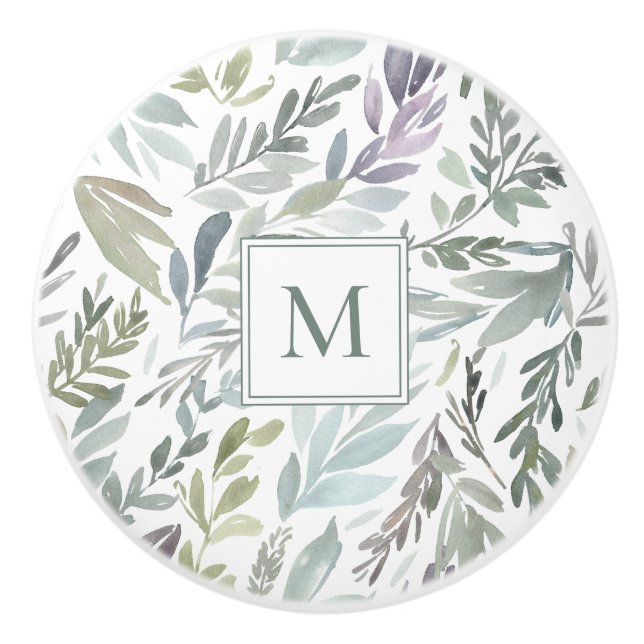 Elegant Monogram Green Blue Botanical Watercolor Ceramic Knob (Front)