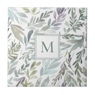 Elegant Monogram Green Blue Botanical Watercolor Ceramic Tile