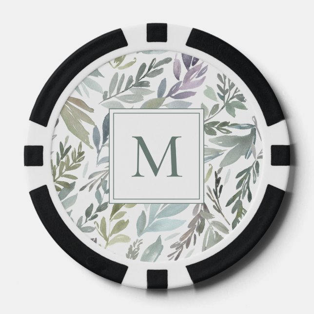 Elegant Monogram Green Blue Botanical Watercolor Poker Chips (Front)