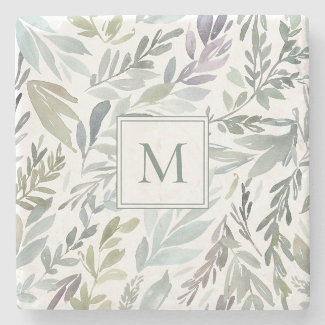 Elegant Monogram Green Blue Botanical Watercolor Stone Coaster (Front)