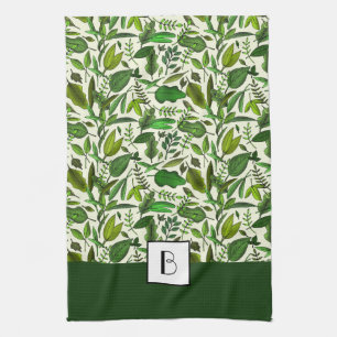 Elegant Monogram Green Botanical Pattern Kitchen Towel