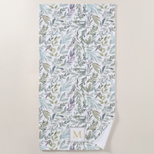 Elegant Monogram Green Botanical Watercolor Beach Towel