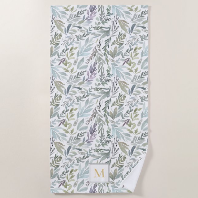 Elegant Monogram Green Botanical Watercolor Beach Towel (Front)