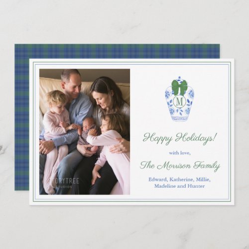 Elegant Monogram Green Bow Family Picture Holiday Card