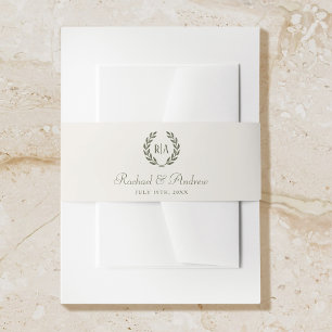 Elegant Monogram Green Cream Wedding Invitation Belly Band