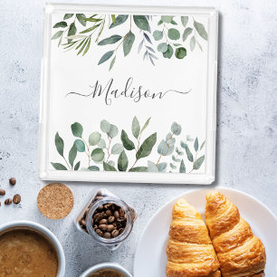 Elegant Monogram Green Eucalyptus Tropical Leaves Acrylic Tray