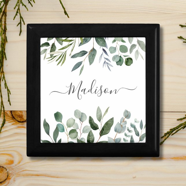 Elegant Monogram Green Eucalyptus Tropical Leaves Gift Box (Close up)