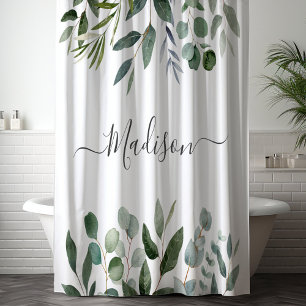 Elegant Monogram Green Eucalyptus Tropical Leaves Shower Curtain