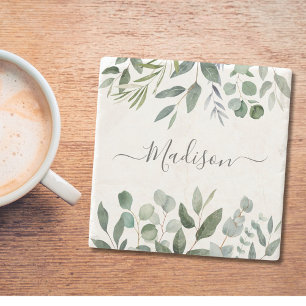 Elegant Monogram Green Eucalyptus Tropical Leaves Stone Coaster