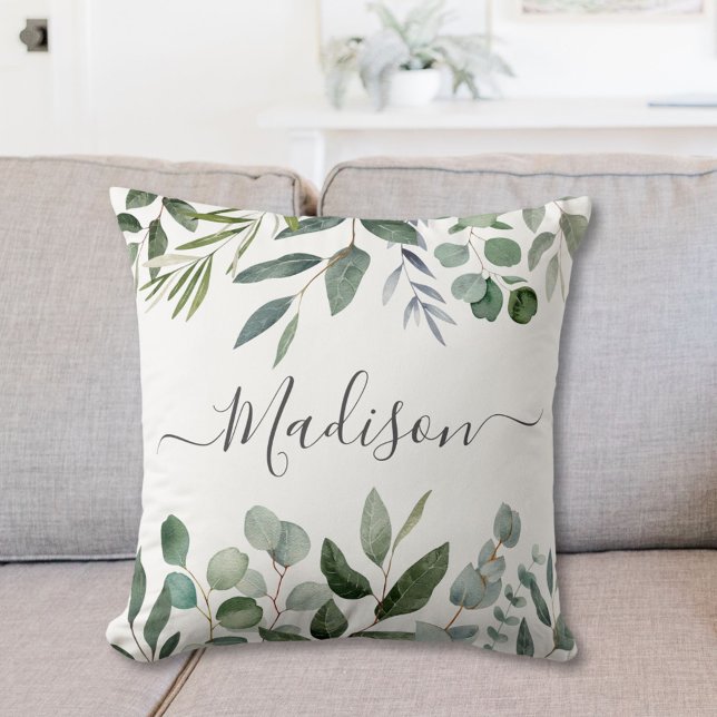 Elegant Monogram Green Eucalyptus Tropical Leaves Throw Pillow (In situ)