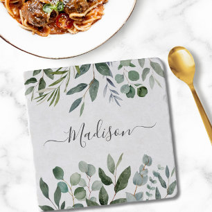 Elegant Monogram Green Eucalyptus Tropical Leaves Trivet