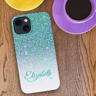 Elegant Monogram Green Glitter Ombre First Name iPhone 13 Case