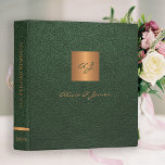 Elegant monogram green gold script wedding album 3 ring binder<br><div class="desc">Luxury exclusive looking monogrammed scrapbook wedding album binder featuring a faux gold copper metallic square over a stylish dark green faux leather background.</div>