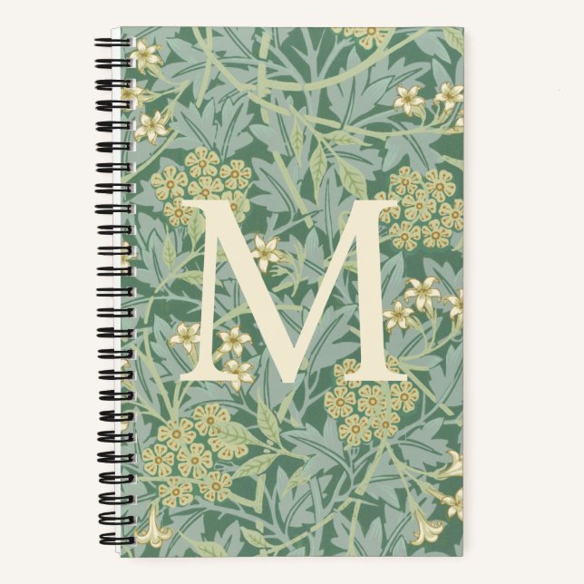 Elegant Monogram Green Jasmine Floral Notebook (Front)